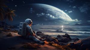 Sc-fi astronaut relaxing on cosmic shore line 