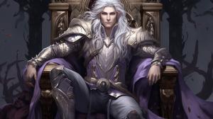 A 25 year old king seated on a magnificent throne. He has long white hair and purple eyes. He is beautiful and delicate. (PNG file)