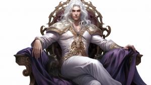 A 25 year old king seated on a magnificent throne. He has long white hair and purple eyes. He is beautiful and delicate. (PNG file)