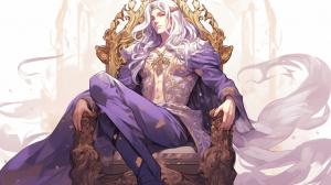 A 25 year old king seated on a magnificent throne. He has long white hair and purple eyes. He is beautiful and delicate. (PNG file)