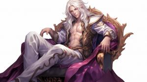 A 25 year old king seated on a magnificent throne. He has long white hair and purple eyes. He is beautiful and delicate. (PNG file)