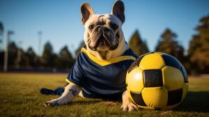 Un perro de raza bulldog francés color negro, vestido con un uniforme del equipo boca juniors pisando una pelota con un fondo de un campo de fútbol
