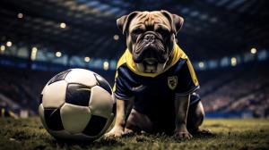 Un perro de raza bulldog francés color negro, vestido con un uniforme del equipo boca juniors pisando una pelota con un fondo de un campo de fútbol
