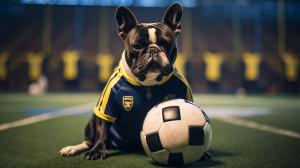 Un perro de raza bulldog francés color negro, vestido con un uniforme del equipo boca juniors pisando una pelota con un fondo de un campo de fútbol
