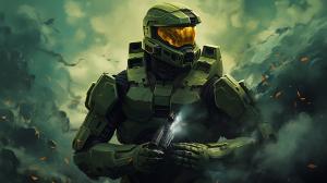 Master chief smoking a blunt with a trippy background
 