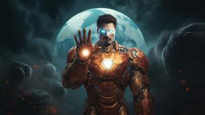 iron man looking like a giant holding earth in his hand 

