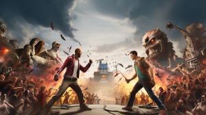 Dead island 2 and Hogwarts legacy characters fighting in a epic battle against the dead
