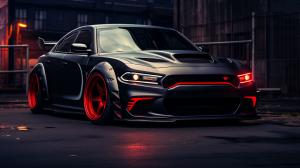 black doge hellcat with wide body and red underglow with red headlights 