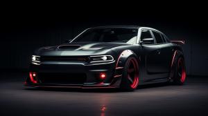 black doge hellcat with wide body and red underglow with red headlights 