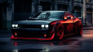 black doge hellcat with wide body and red underglow with red headlights 