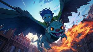 Beastboy from teen titans flying over Germany as a blue flaming pigeon dragon
