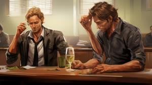 Rick and Shane from walking dead having a drinking contest in court 
