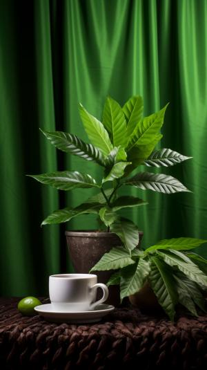 imagen de una cacique indio bandera verde y blanco con plantas de café 
