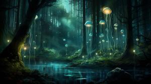 Dark green forest with waterfal in the distance with twinkle lights throughout and glowing and floating jellyfish in the forest