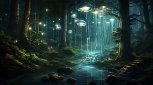 Dark green forest with waterfal in the distance with twinkle lights throughout and glowing and floating jellyfish in the forest