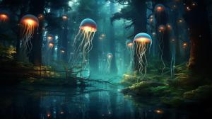 Dark green forest with waterfal in the distance with twinkle lights throughout and glowing and floating jellyfish in the forest