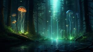 Dark green forest with waterfal in the distance with twinkle lights throughout and glowing and floating jellyfish in the forest