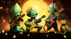 personajes principales de dragón ball super tocando  un instrumento cada uno