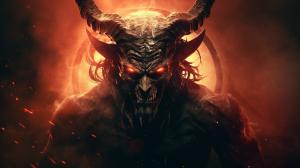 evil looking devil wearing a angels halo on his horns
