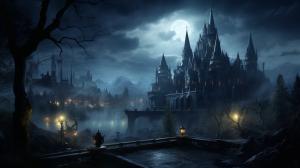 a gothic castle at night, scary, detailed