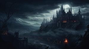 a gothic castle at night, scary, detailed