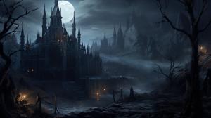 a gothic castle at night, scary, detailed