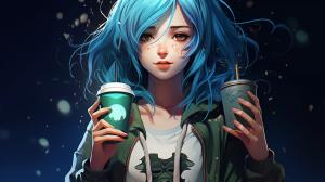 girl with blue hair wearing hoodie and holding a boba anime style
