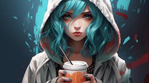 girl with blue hair wearing hoodie and holding a boba anime style
