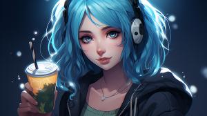 girl with blue hair wearing hoodie and holding a boba anime style
