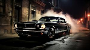 66' mustang black with smoke around it at night with in the city
