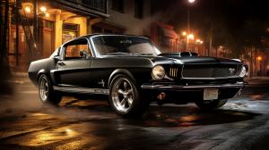 66' mustang black with smoke around it at night with in the city
