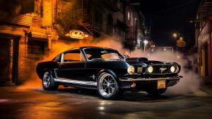 66' mustang black with smoke around it at night with in the city
