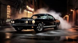 66' mustang black with smoke around it at night with in the city
