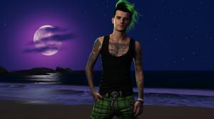 A 28 year old punk rocker man, standing on a beautiful tropical beach at night. He looks happy and excited. He is tall with powerful muscles. He has wavey purple hair and bright green eyes. No facial hair. He is wearing a black t-shirt and baggy trousers and black leather boots. The beautiful tropical beach has sand and the ocean. It is night and a white full moon is in the dark sky, white moonlight reflects on the ocean waves.