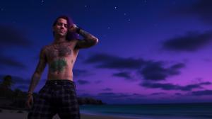 A 28 year old punk rocker man, standing on a beautiful tropical beach at night. He looks happy and excited. He is tall with powerful muscles. He has wavey purple hair and bright green eyes. No facial hair. He is wearing a black t-shirt and baggy trousers and black leather boots. The beautiful tropical beach has sand and the ocean. It is night and a white full moon is in the dark sky, white moonlight reflects on the ocean waves.