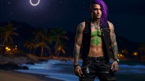 A 28 year old punk rocker man, standing on a beautiful tropical beach at night. He looks happy and excited. He is tall with powerful muscles. He has wavey purple hair and bright green eyes. No facial hair. He is wearing a black t-shirt and baggy trousers and black leather boots. The beautiful tropical beach has sand and the ocean. It is night and a white full moon is in the dark sky, white moonlight reflects on the ocean waves.