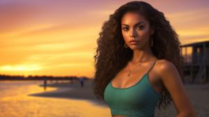 Beautiful 4'11 woman in bikini with green eyes mixed race (every ethnicity) full body beach sunset
 