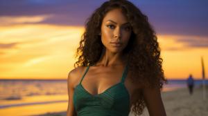 Beautiful 4'11 woman in bikini with green eyes mixed race (every ethnicity) full body beach sunset
 