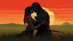 A black ninja leaning to kiss his love one after he rescued her of a big fight against a lot of samurai in a big green field colored red 