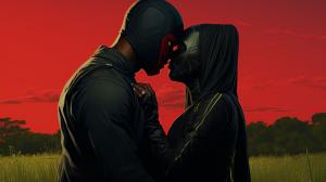 A black ninja leaning to kiss his love one after he rescued her of a big fight against a lot of samurai in a big green field colored red 