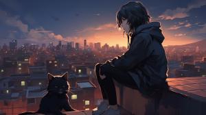 A anime boy wearing a black hoodie is sitting on the roof of his house with his cat and enjoying the view of a busy city 