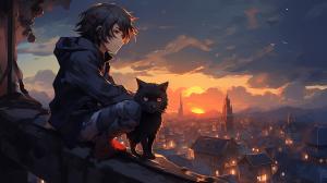 A anime boy wearing a black hoodie is sitting on the roof of his house with his cat and enjoying the view of a busy city 