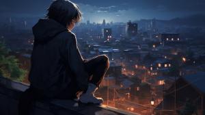 A anime boy wearing a black hoodie is sitting on the roof of his house with his cat and enjoying the view of a busy city 