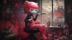 Emo hello kitty smoking bong in her bedroom
