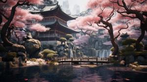 a forest of cherry blossom tree surrounding a Japanese shrine with a small koi pond to the side in the day time