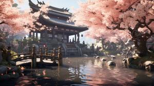 a forest of cherry blossom tree surrounding a Japanese shrine with a small koi pond to the side in the day time