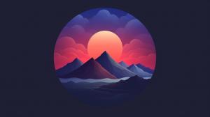Mountains with clouds around and a bright sunset. It should have the art style of this apps logo
