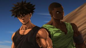 Goku and a brown skinned anime boy with a dark green buzz cut with a temp fade who is bulky; he has a princess shaped green gem embedded while protruding from his forehead and green eyes. while wearing a black fanny pack while being shirtless and have black sweatpants. the two of them are in a battling foreshortened pose