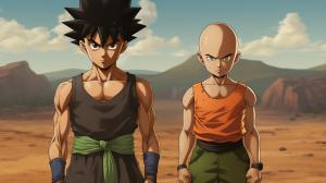 Goku and a brown skinned anime boy with a dark green buzz cut with a temp fade who is bulky; he has a princess shaped green gem embedded while protruding from his forehead and green eyes. while wearing a black fanny pack while being shirtless and have black sweatpants. the two of them are in a battling foreshortened pose