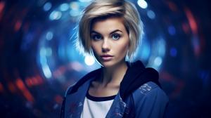 girl short brow hair blue eyes tardis space